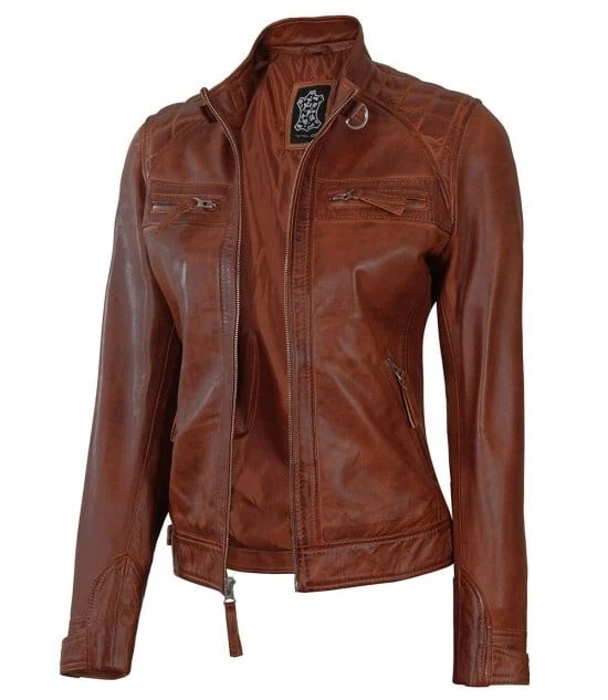 Lambskin Women's Cognac/Brown Quilted Cafe Racer Leather Jacket