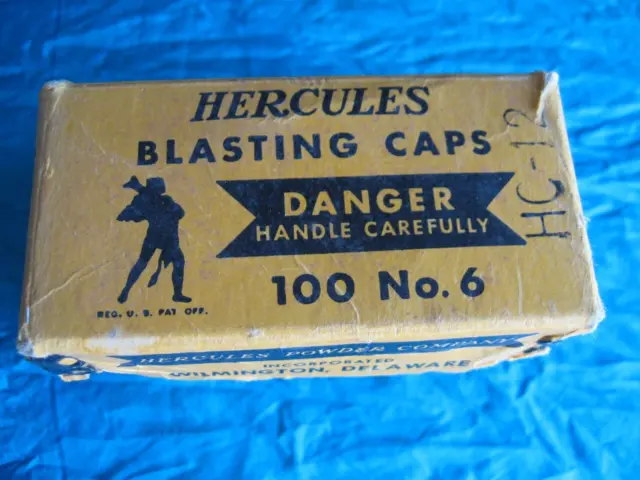 1950s Hercules 100-No 6 Blasting Cap Heavy Cardboard Box Yellow/Black - Mining