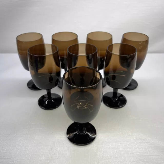 MCM 8 GORHAM REIZART Wine Glasses Hand Blown Brown Crystal Stemware West Germany
