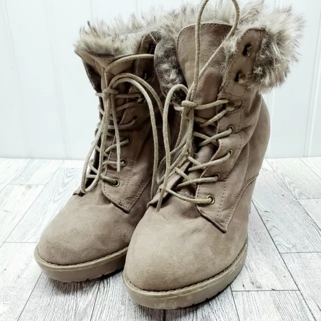 Womens 3" Block Heel Lace Up Boot Faux Fur Size 9 Light Brown Tan Forever 21