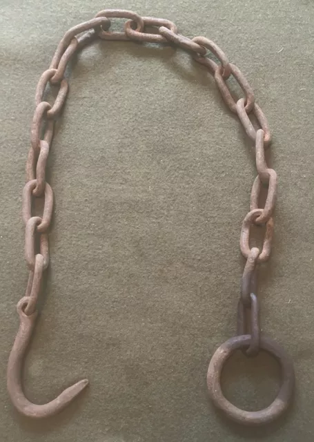 Primitive Farm Hook Hand Forged Iron Hook & Chain Antique Farmhouse Hanging