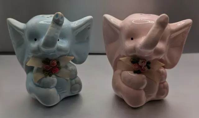 Vintage Set of Ceramic Salt & Pepper Shakers Pink & Blue Elephants with Bows