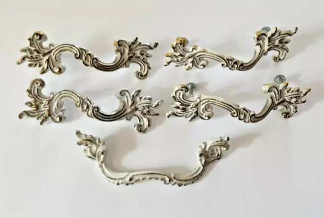 Vintage Lot 5 Brass Whitewash French Provincial  Dresser Drawer Pulls Handles