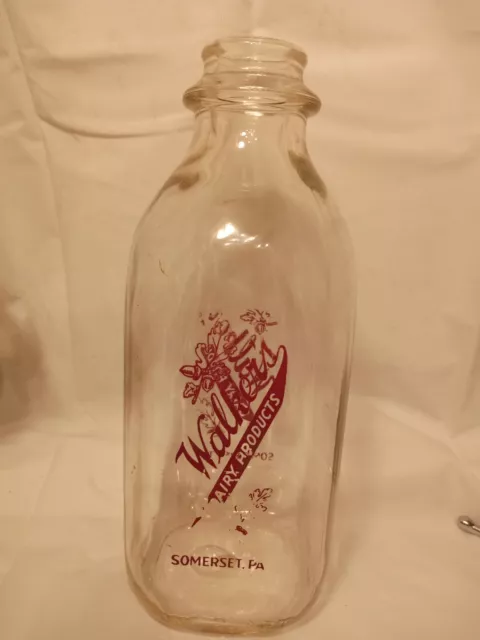 Vintage Walker's Dairy Products Somerset PA Clear Glass One Quart Milk Bottle