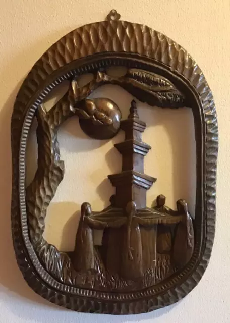Antique HAND CARVED Wooden ASIAN WALL PLAQUE Unusual Temple & Worship Scene