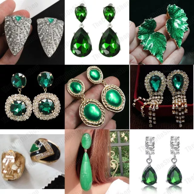 CLIP ON retro GREEN EARRINGS COLLECTION vintage style clips ENAMELLED metal UK