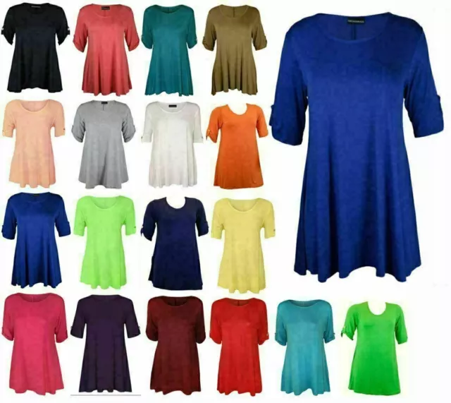 Women Plain Stretchy Flared Swing T Shirt Ladies 3/4 Button Sleeve Plus Size Top