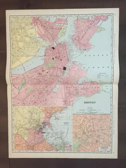 Large 21" X 28" COLOR Rand McNally Map of Boston-1905