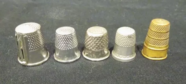 5 Vintage Metal Sewing Thimbles and Lot of 5 Plastic Advertising Thimbles