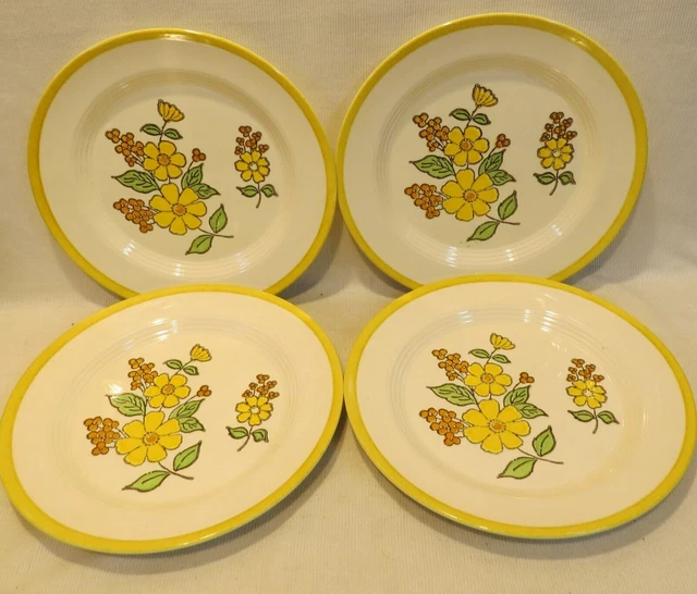 Set 4 VTG Homer Laughlin Harlequin Suzanne 10" Dinner Plates Yellow Flowers 1980