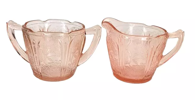 Vintage Pink Depression Glass Jeannette Cherry  Blossom Sugar Bowl & Creamer