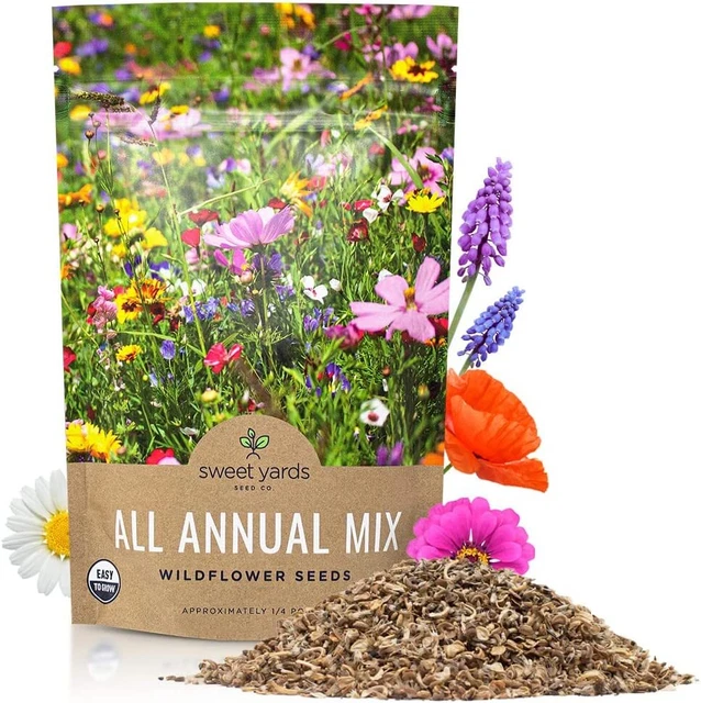 Bulk Wildflower Seeds Annual Quick Blooming Mix - 30K+ Seeds in 1/4 Pound Bag!
