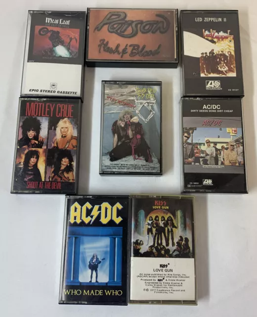 lot of eight METAL empty cassette cases~ACDC,Kiss,Crue,Zeppelin,Meat Loaf,more