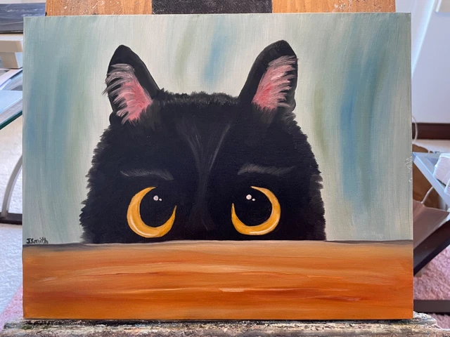 Original oil painting artwork 11 X 14 black cat gold Eyes