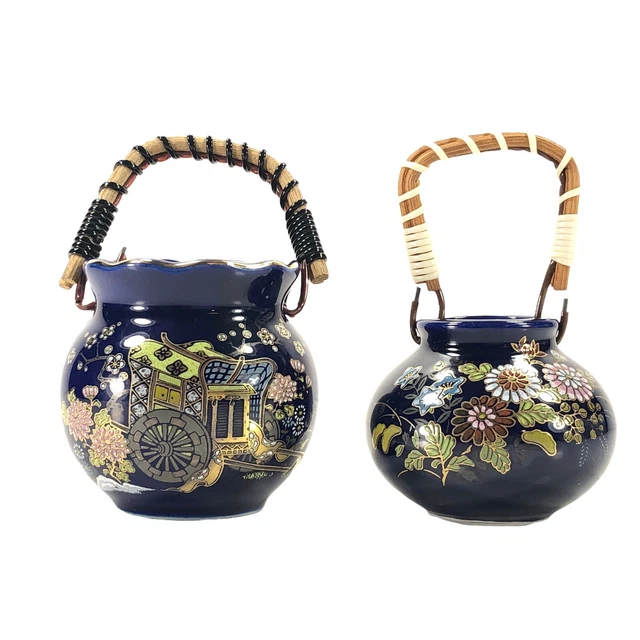 2ct Vintage Japan Cobalt Blue Mini Pot w/ Basket Handle Flower Floral