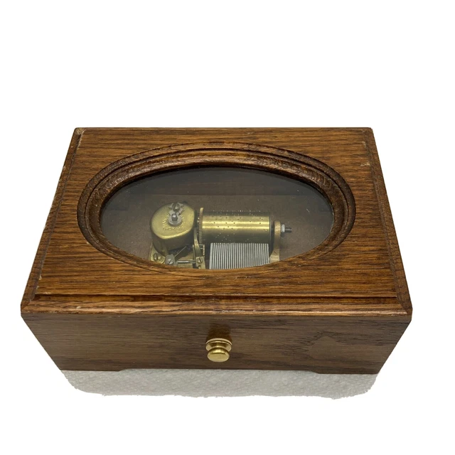 WOOD GLASS MUSICAL BOX THORENS MOVEMENT SWITZERLAND "I Write the Songs"