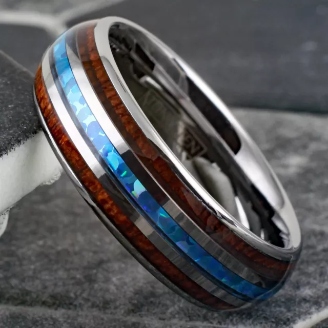 6/8mm Tungsten Koa Wood & Blue Opal Wedding Band Ring-Engraving Avail.