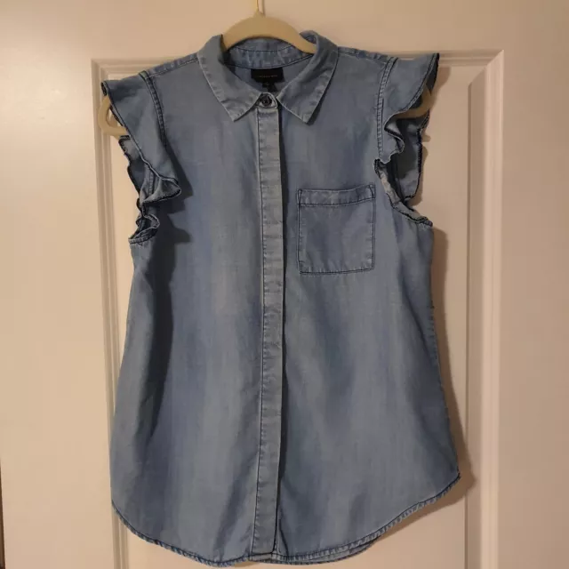 Women's Small  BLUE Sleeveless  Denim Shirt Button Up Denimcore Denimtrend