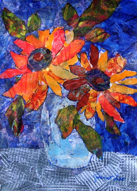 JANET LEO  sfa   ORIGINAL MIXED MEDIA   collage  SUNFLOWERS   floral