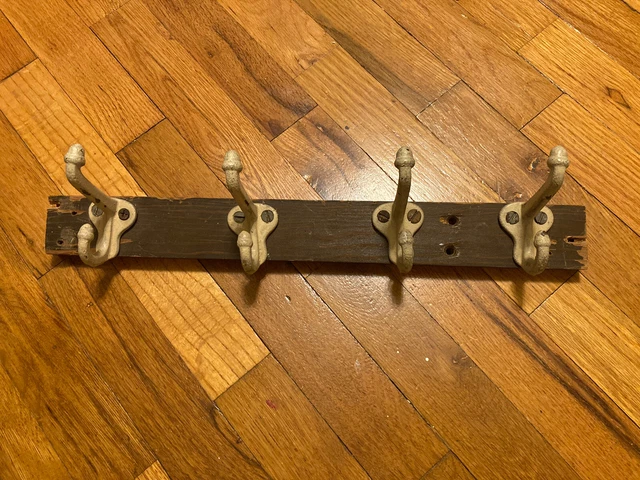 4 Vintage Metal Double Acorn Tip Coat Hat Hooks On Board