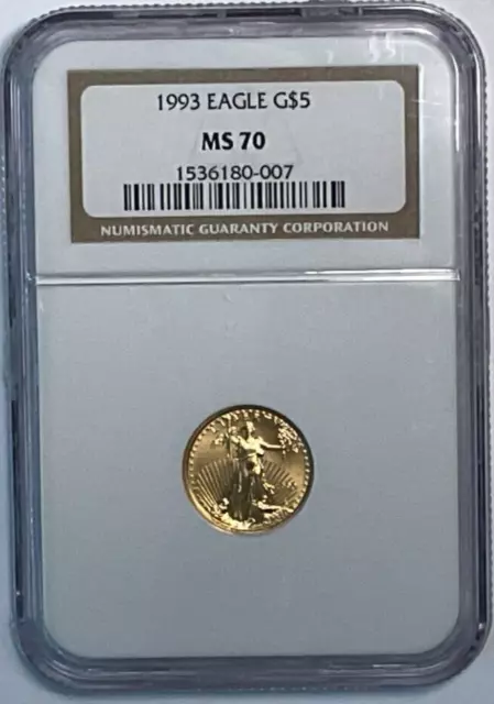 1993 G$5 1/10 oz Gold American Eagle, NGC MS 70, Perfect Key Date Coin