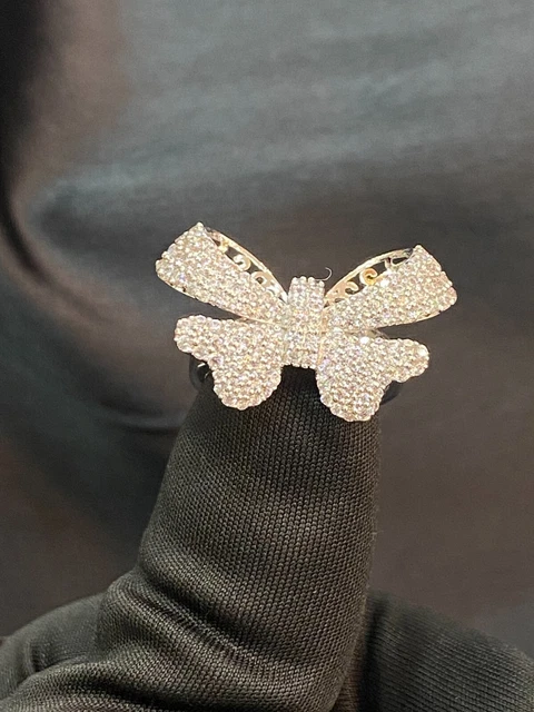 Pave 2.35 TCW Round Brilliant Cut Diamonds Glittering Butterfly Ring In 14K Gold