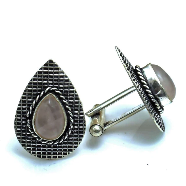 Rose Quartz Gemstone Man"s Silver Plated Cufflinks Jewelry Father Day CF 499