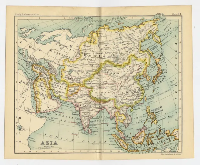 1912 Antique Political Map Of Asia China India Saudi Arabia / Verso Turkey