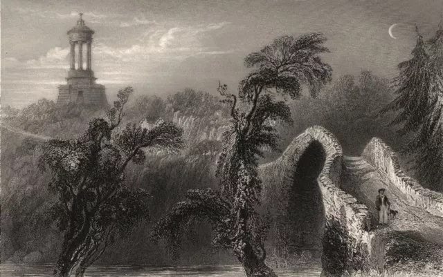 Robert Burns Cenotaph, from the Auld Brig O'Doon, Ayrshire. BARTLETT c1840