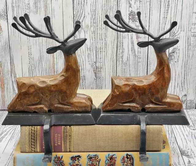 Pair of Cast Iron and Carved Wood Reindeer Holiday Stocking Hangers for Mantel