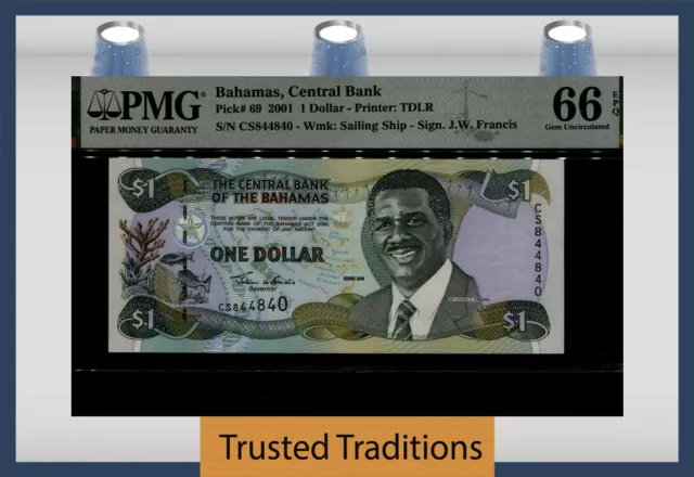 Tt Pk 69 2001 Bahamas Central Bank 1 Dollar Pmg 66 Epq Gem Uncirculated