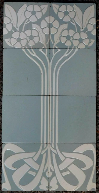 Germany - Villeroy & Boch - Antique Art Nouveau Majolica 8 Tile Set  C1900