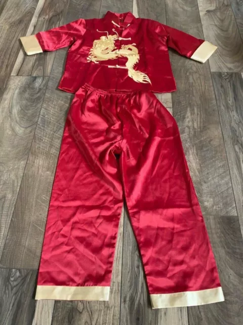 Lian Lin Oriental Asian Embroidered Gold Dragon Jacket Pants Size 12 Years Old
