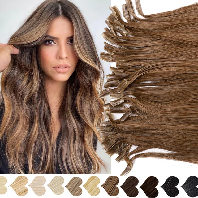 Extensiones planas de cabello humano ruso real queratina puntas de uñas preadhesionadas