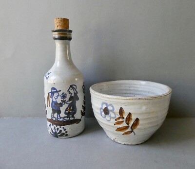 Breton 1 bouteille et 1 bol en céramique de Jean Paul Baudouin bretons décor fleurs 