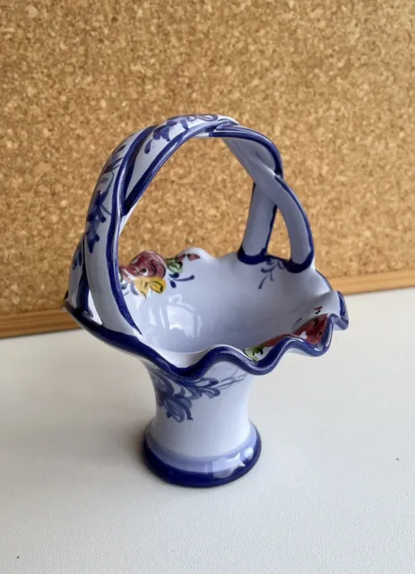 Vintage Vestal Alcobaca Basket Vase Made In Portugal Blue Floral Pottery Ceramic