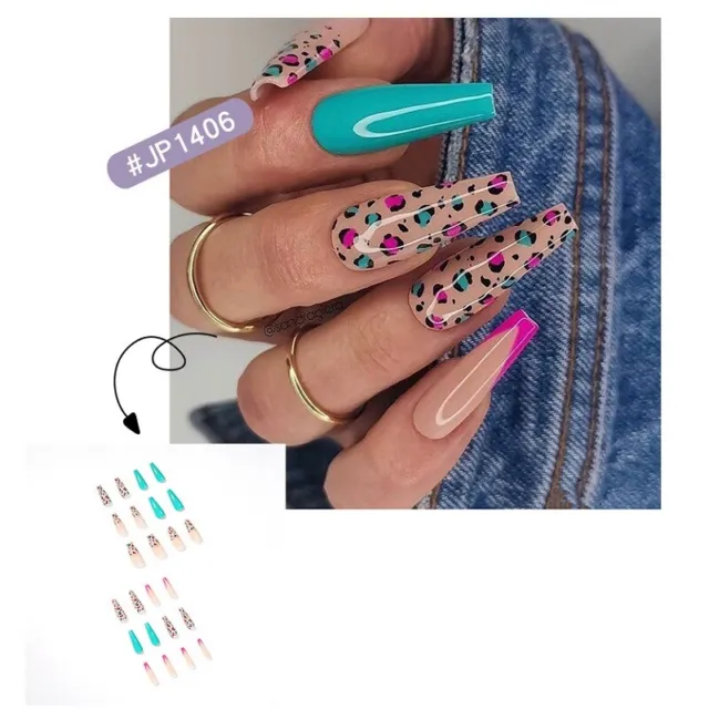 1Pcs Long Coffin Full Coverage Leopard Fake Fingernails Nail Patches Blue Pink