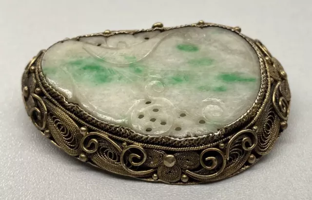 Vintage Chinese Sterling Silver Carved Green & White Jade Filigree Brooch Pin