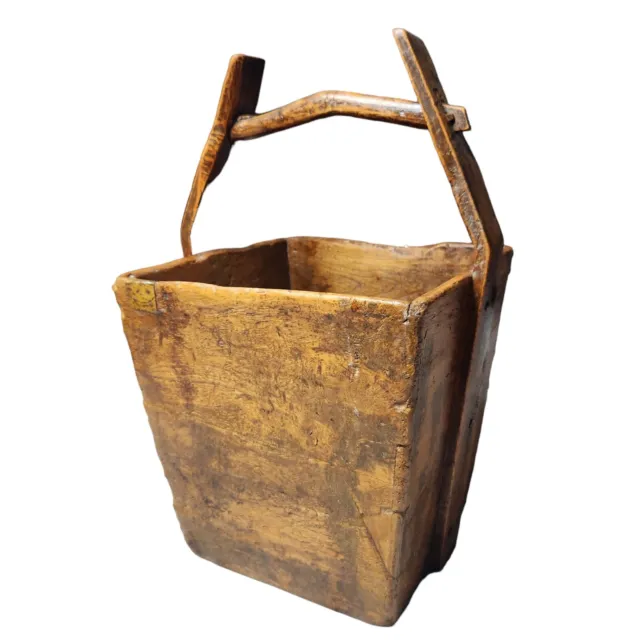 Primitive Antique Wooden Rice Bucket Wood Handmade Handle Large Brown Square