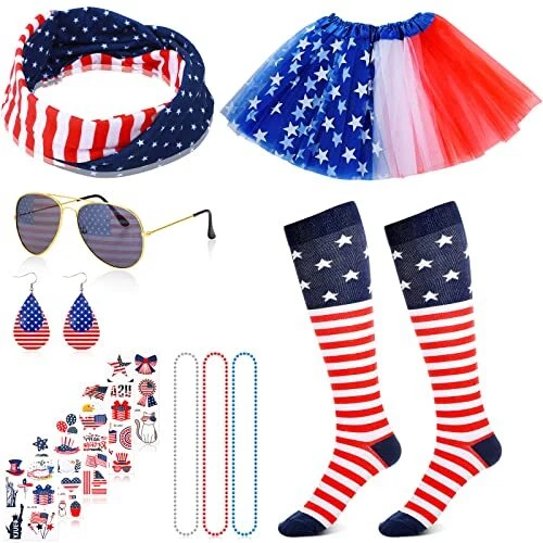 13 Pieces American Flag Costume Set Include 4th of July Tutu Skirt Headband