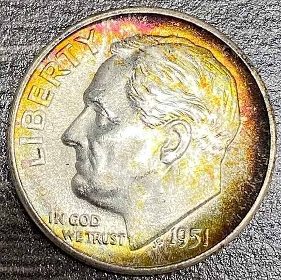1951 S 90% Silver Roosevelt Dime Original BU Toned Nice Coin Free Shipping!