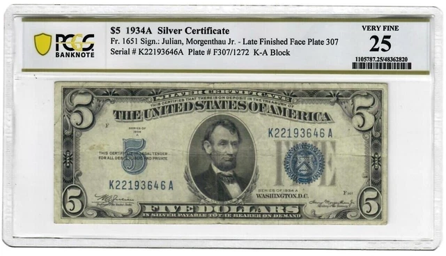1934-A $5 Ultra Rare Late Finished Plate 307 Blue Seal Silver Certificate