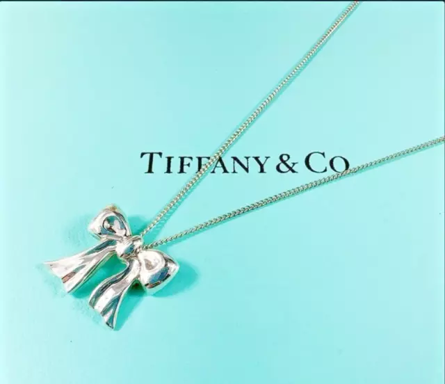 Tiffany &Co. Rare Bow Ribbon Necklace Sterling Silver 925 No Box