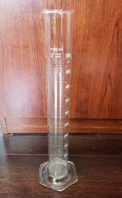 PYREX GLASS 500mL SINGLE METRIC SCALE TD GRADUATED CYLINDER HEX BASE 3024