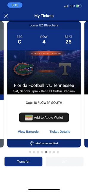Florida Gators vs Tennessee Volunteers 9/16/23 Section C Row 4 Seat 25 Ticket