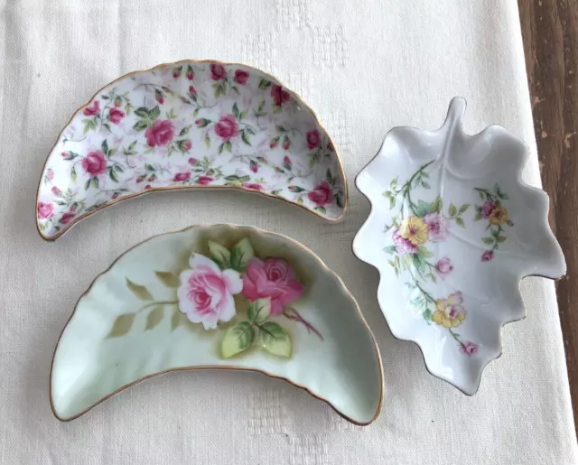 3 vntg LEFTON DISHES: CHINTZ & HERITAGE BONE DISHES & 1 LEAF DISH, Roses, Floral