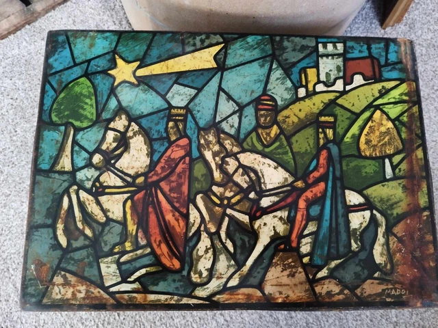 LARGE RARE VINTAGE Nativity Scene Wise Men Christmas Stained Glass ...