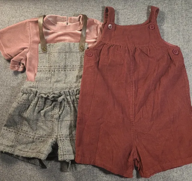 Baby Girls short dungaree bundle 12-18 Months grey maroon cord Playsuit (143)