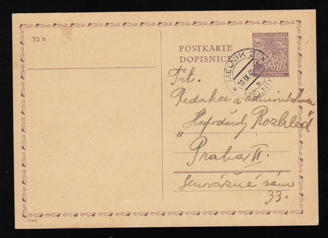 Böhmen & Mähren Postkarte Ganzsache Melnik 2 Mělník 2 nach Prag Praha 1940