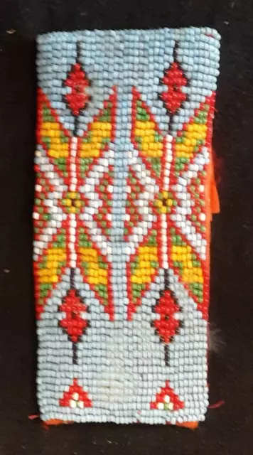 Vintage Native American Leather Beaded Geometric Design Wrist Band